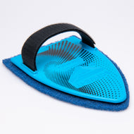 Tri-Edge Scrub-It Blue hand-held scrubbing tool with a blue pad  having a black strap and a triangular shape.